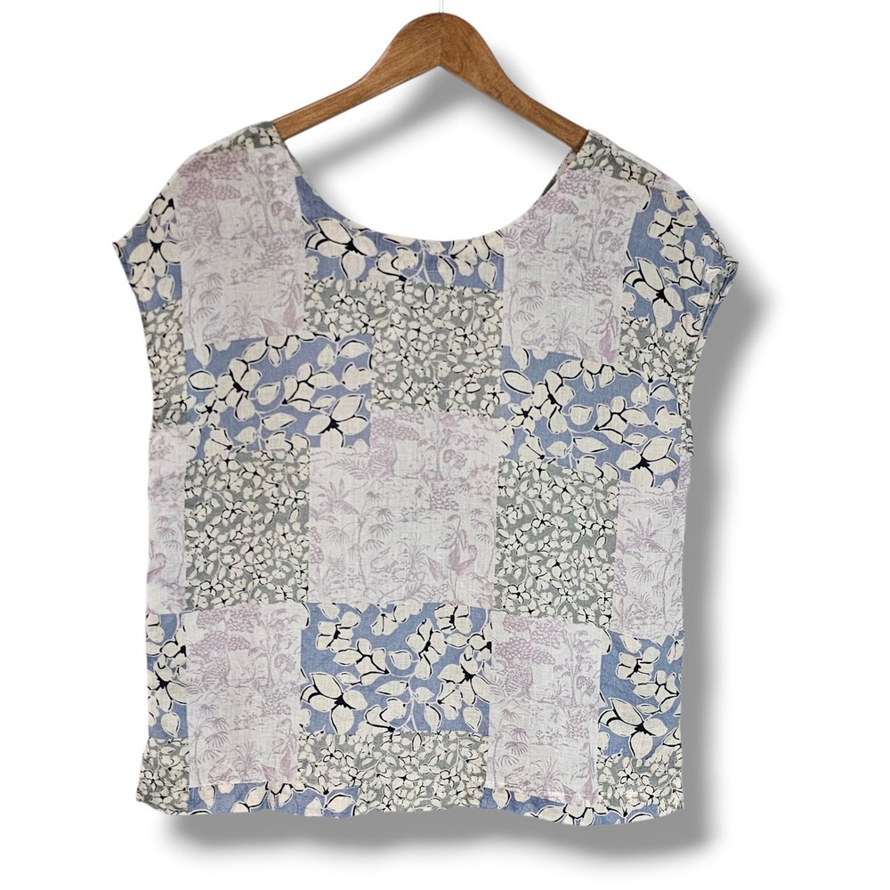 Nicole Miller 100% Linen Top S Women Blue Patchwork Floral Button Back Cottage
